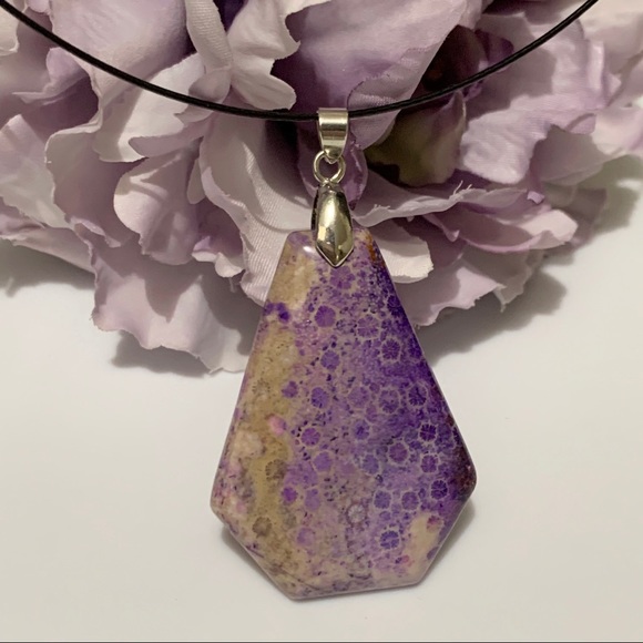 Purple Chrysanthemum Coral Fossil Shield Pendant Necklace – One of a Kind - Picture 4 of 10